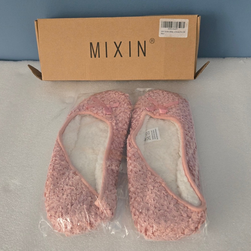 MIXIN Womens Ballerina Slippers Pink Popcorn Knit Fleece House Shoes Size 8